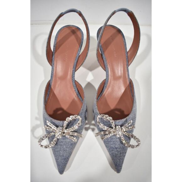 Amina Muaddi Rosie Sling Denim Blue Crystal Bow Slingback Sandal Heel Pump 38.5 - Picture 6 of 11